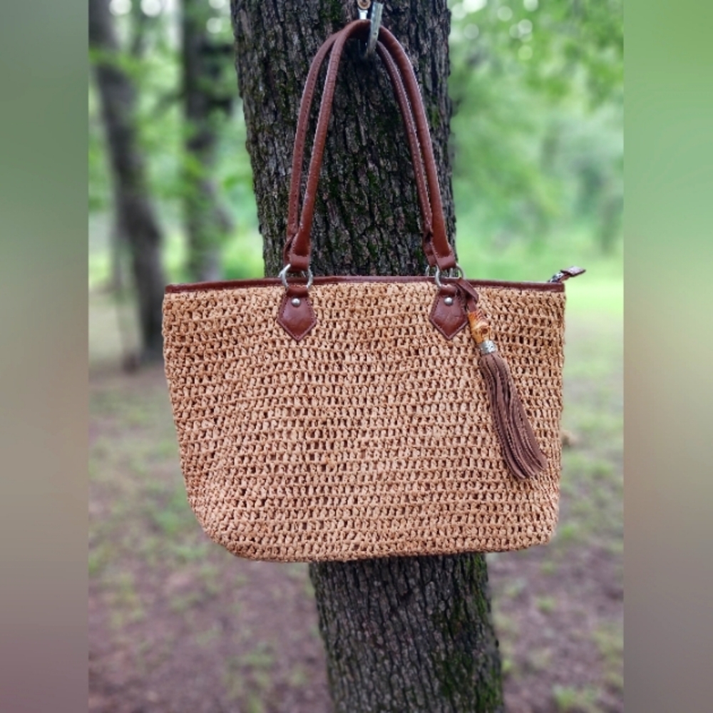 Straw Studios Tan Tote Bag with Brown Accents